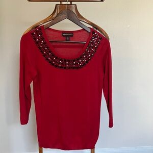 Dana Buchman Red Sweater with Embellished Neckline